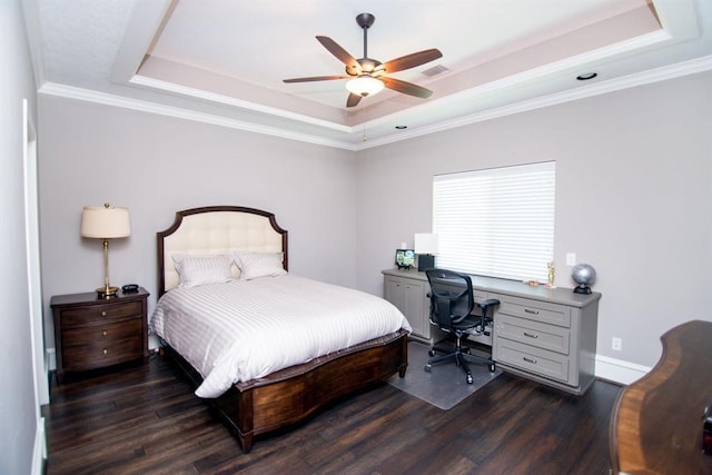 14115 Woodthorpe Ln, Houston, TX 77079 - bedroom with a raised ceiling, dark wood finished floors, ornamental molding, and a ceiling fan