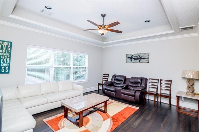 14115 Woodthorpe Ln, Houston, TX 77079 - living room with a tray ceiling, wood finished floors, ceiling fan, baseboards, and ornamental molding