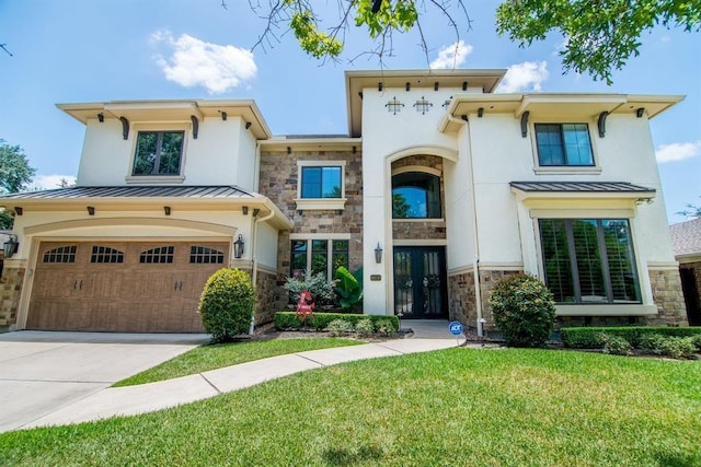 14115 Woodthorpe Ln, Houston, TX 77079 - view of front of home with french doors, a standing seam roof, stone siding, concrete driveway, and a front yard