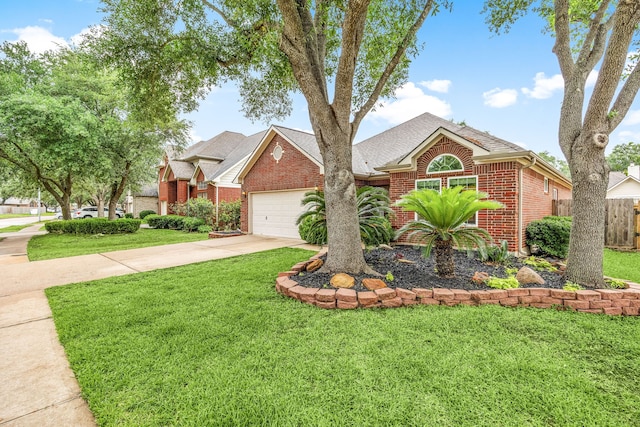 traditional home featuring brick siding, a garage, driveway, and roof with shingles