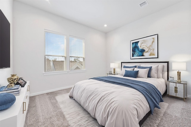 bedroom featuring carpet flooring, baseboards, and recessed lighting