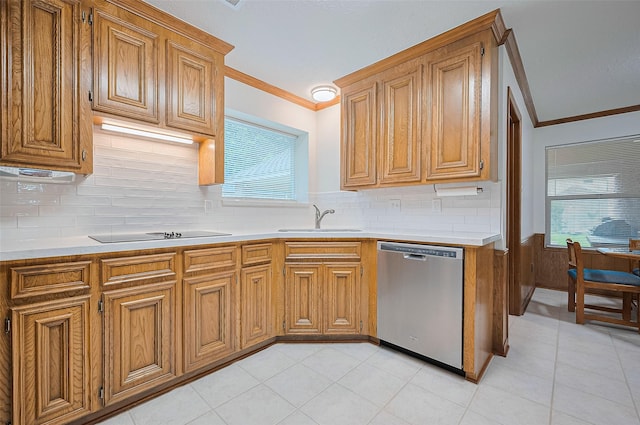 16218 Capri Dr, Jersey Village, TX 77040 - kitchen featuring dishwasher, ornamental molding, a sink, black electric cooktop, and brown cabinetry