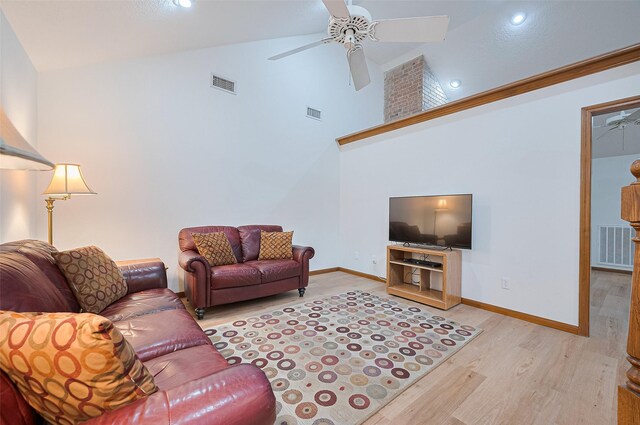 16218 Capri Dr, Jersey Village, TX 77040 - living room with a ceiling fan, wood finished floors, high vaulted ceiling, baseboards, and recessed lighting