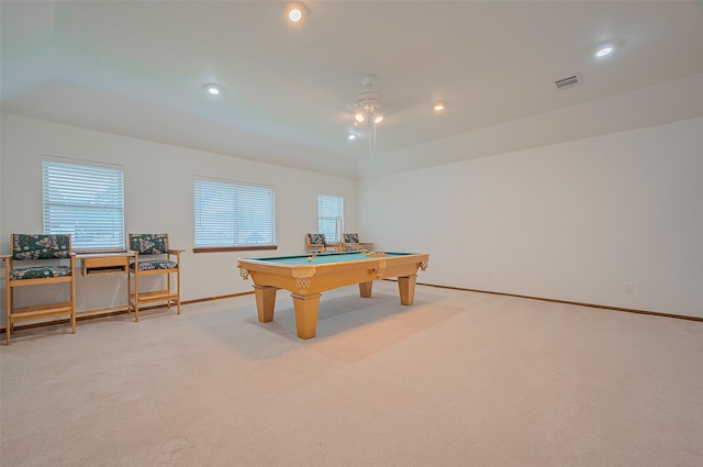 16218 Capri Dr, Jersey Village, TX 77040 - recreation room featuring light carpet, billiards table, plenty of natural light, and recessed lighting