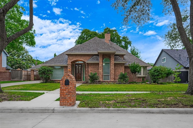 16218 Capri Dr, Jersey Village, TX 77040 - view of front facade with roof with shingles, brick siding, a chimney, and driveway