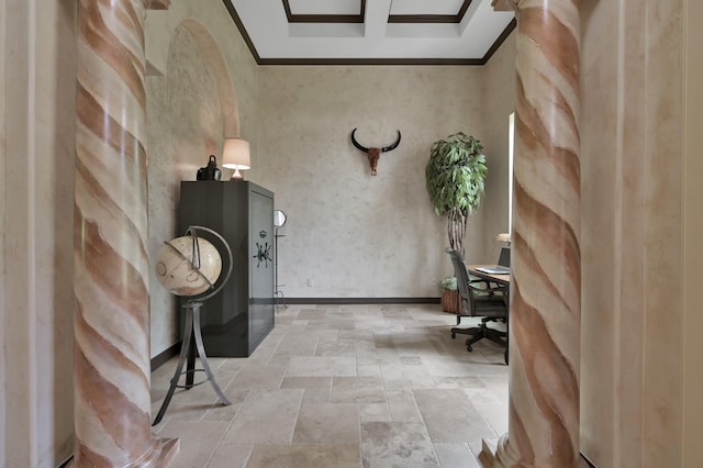 26118 Upper Beacon Pl, Montgomery, TX 77316 - office with stone tile flooring, crown molding, baseboards, and ornate columns
