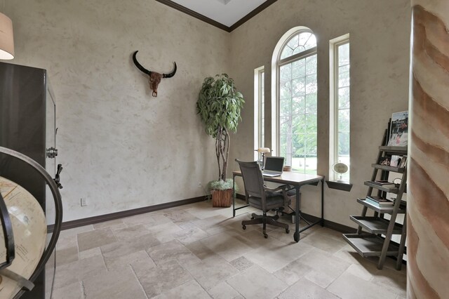 26118 Upper Beacon Pl, Montgomery, TX 77316 - office with stone tile floors, crown molding, and baseboards