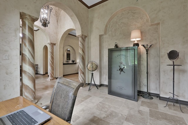 26118 Upper Beacon Pl, Montgomery, TX 77316 - foyer with arched walkways, stone tile floors, ornate columns, and a towering ceiling