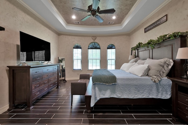 26118 Upper Beacon Pl, Montgomery, TX 77316 - bedroom with a tray ceiling, crown molding, wood tiled floors, and ceiling fan