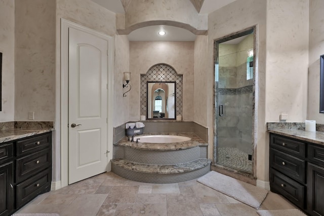 26118 Upper Beacon Pl, Montgomery, TX 77316 - full bath with a stall shower, a bath, and stone finish floors