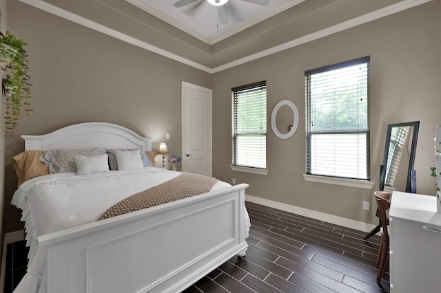 26118 Upper Beacon Pl, Montgomery, TX 77316 - bedroom with baseboards, wood tiled floors, ornamental molding, and ceiling fan