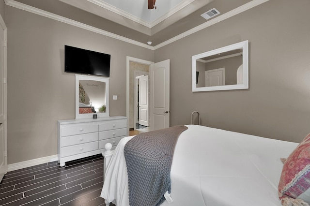 26118 Upper Beacon Pl, Montgomery, TX 77316 - bedroom featuring wood tiled floors, baseboards, crown molding, and a ceiling fan