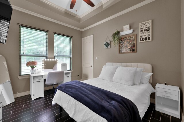 26118 Upper Beacon Pl, Montgomery, TX 77316 - bedroom with wood tiled floors, crown molding, a tray ceiling, baseboards, and ceiling fan