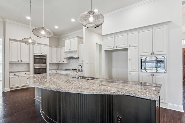 13906 Bell Valley Ct, Houston, TX 77059 - kitchen featuring a sink, stainless steel appliances, crown molding, white cabinets, and backsplash