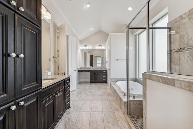13906 Bell Valley Ct, Houston, TX 77059 - bathroom featuring ornamental molding, a garden tub, a shower stall, lofted ceiling, and two vanities