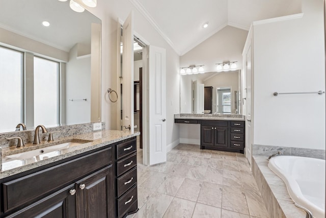 13906 Bell Valley Ct, Houston, TX 77059 - bathroom with ornamental molding, lofted ceiling, plenty of natural light, a garden tub, and two vanities
