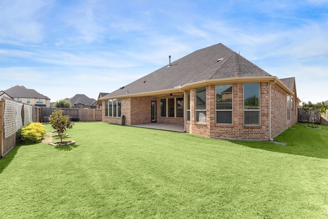 13906 Bell Valley Ct, Houston, TX 77059 - back of house featuring brick siding, a patio, a ceiling fan, and a shingled roof