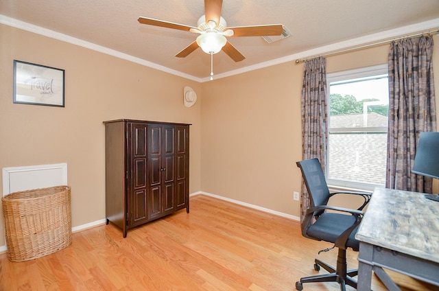 14411 Lawton Ridge Dr, Cypress, TX 77429 - office featuring light wood-style flooring, a ceiling fan, ornamental molding, and baseboards