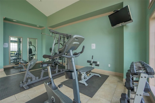 7000 Seawall Blvd Unit 1011, Galveston, TX 77551 - exercise room featuring vaulted ceiling and baseboards