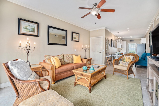 7000 Seawall Blvd Unit 1011, Galveston, TX 77551 - living area with a chandelier, light tile patterned floors, ornamental molding, ceiling fan, and baseboards