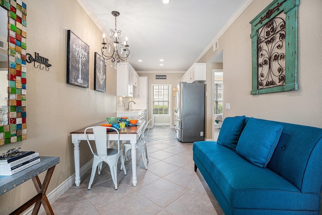7000 Seawall Blvd Unit 1011, Galveston, TX 77551 - dining area with a chandelier, crown molding, light tile patterned flooring, recessed lighting, and baseboards