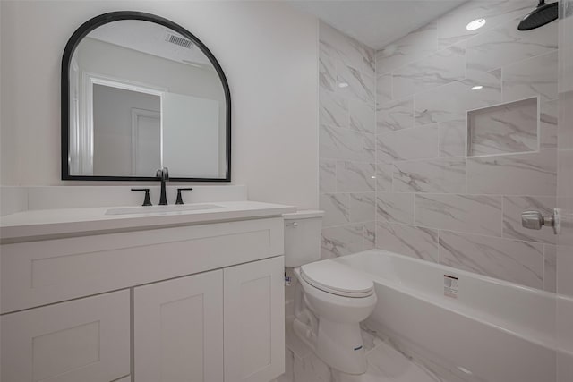 16250 Rancho Blanco Dr, Houston, TX 77083 - bathroom with marble look tiles, vanity, toilet, and bathing tub / shower combination