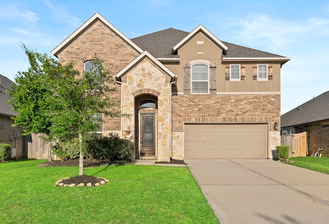 view of front of home featuring a garage, driveway, stone siding, a shingled roof, and brick siding