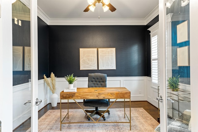 436 W 26th St, Houston, TX 77008 - office area featuring wood finished floors, crown molding, ceiling fan, french doors, and wainscoting