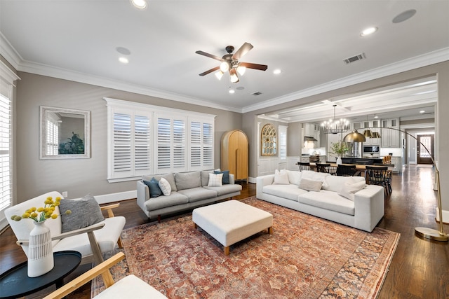 436 W 26th St, Houston, TX 77008 - living room with a chandelier, a ceiling fan, dark wood-type flooring, crown molding, and recessed lighting