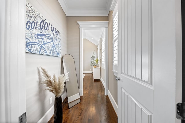 436 W 26th St, Houston, TX 77008 - hallway with crown molding, dark wood-style floors, and baseboards