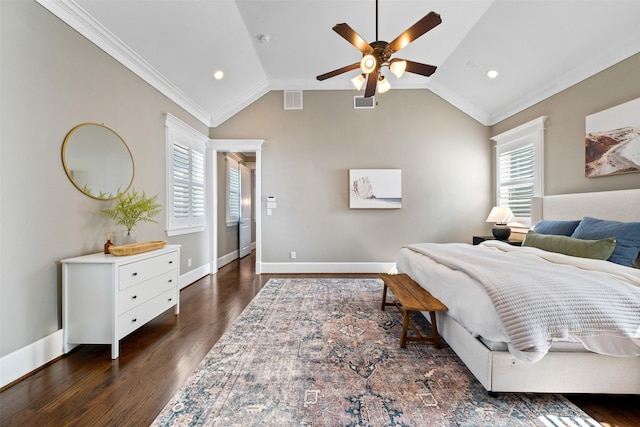 436 W 26th St, Houston, TX 77008 - bedroom with ornamental molding, vaulted ceiling, wood finished floors, baseboards, and ceiling fan