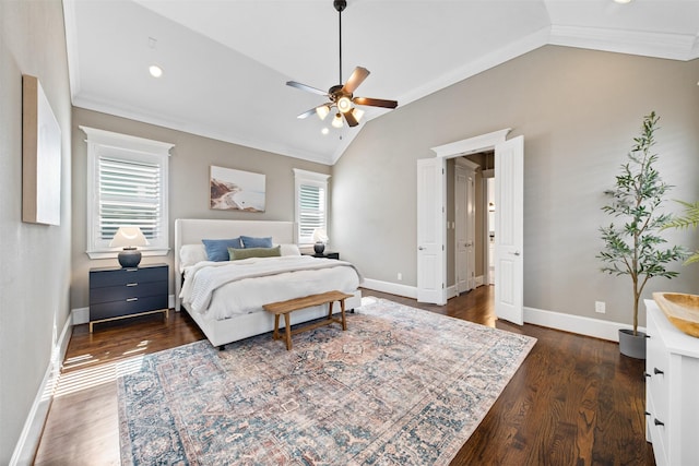436 W 26th St, Houston, TX 77008 - bedroom featuring vaulted ceiling, multiple windows, ornamental molding, baseboards, and dark wood-style floors
