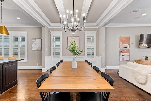 436 W 26th St, Houston, TX 77008 - dining area featuring dark wood-style flooring, a chandelier, ornamental molding, baseboards, and recessed lighting