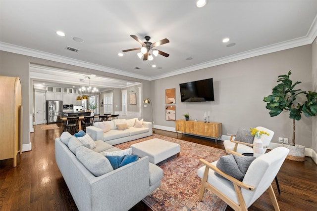 436 W 26th St, Houston, TX 77008 - living room featuring ornamental molding, a ceiling fan, dark wood-type flooring, a chandelier, and recessed lighting