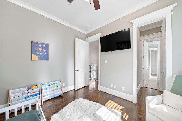 436 W 26th St, Houston, TX 77008 - bedroom featuring crown molding, baseboards, wood finished floors, and ceiling fan