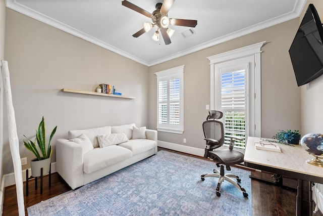 436 W 26th St, Houston, TX 77008 - home office featuring wood finished floors, ceiling fan, ornamental molding, and baseboards