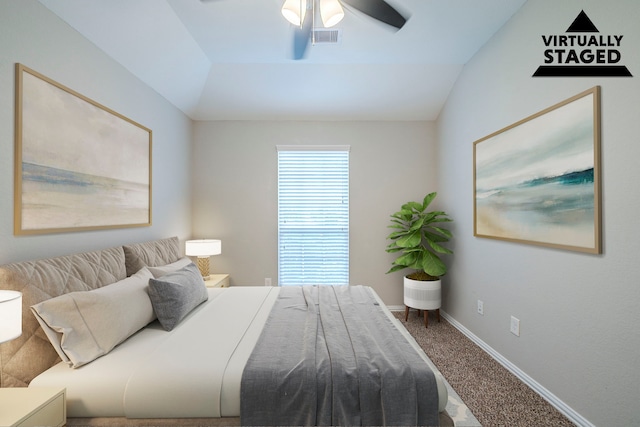 16702 Peralta Bay Cir, Crosby, TX 77532 - carpeted bedroom featuring baseboards, lofted ceiling, and a ceiling fan