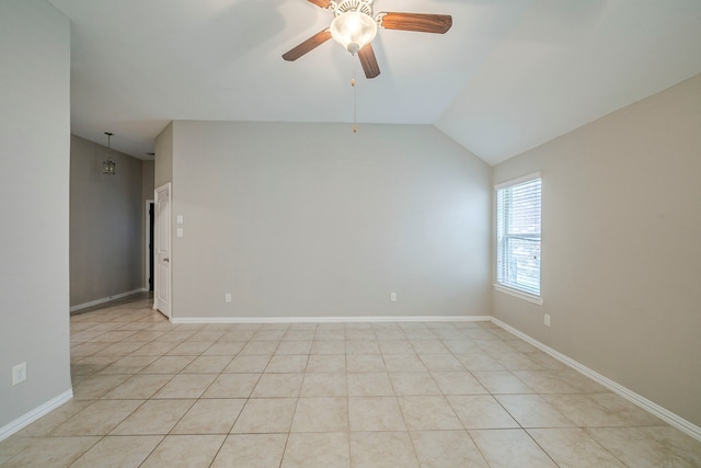 16702 Peralta Bay Cir, Crosby, TX 77532 - unfurnished room featuring ceiling fan, vaulted ceiling, light tile patterned floors, and baseboards
