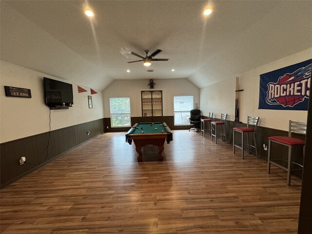 20706 Northcreek Ln, Houston, TX 77073 - rec room featuring lofted ceiling, wood finished floors, ceiling fan, a textured ceiling, and pool table