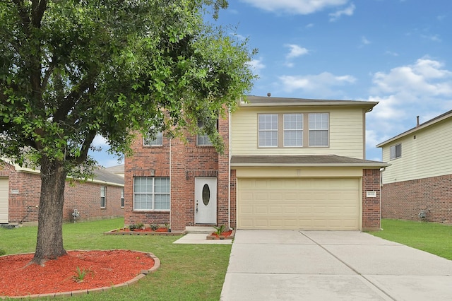 14418 Cellini Dr, Cypress, TX 77429 - view of front facade featuring a garage, driveway, a front yard, and brick siding
