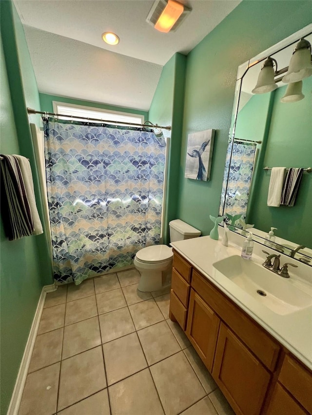 full bathroom with tile patterned flooring, toilet, vanity, and a shower with shower curtain