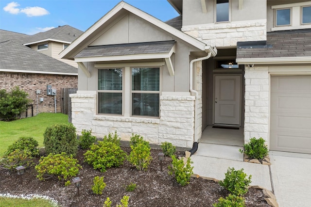 3306 Old Ironwood Dr, Spring, TX 77386 - property entrance featuring stone siding, stucco siding, and a garage
