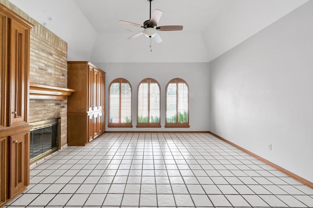 1803 Quiet Country Ct, Houston, TX 77345 - unfurnished living room with ceiling fan, high vaulted ceiling, a brick fireplace, and light tile patterned floors