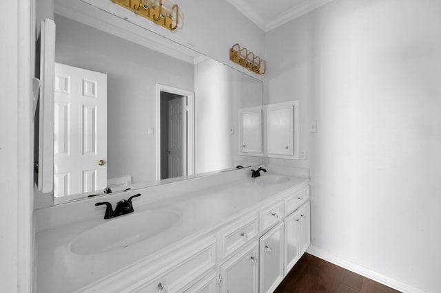1803 Quiet Country Ct, Houston, TX 77345 - full bathroom featuring crown molding, double vanity, wood finished floors, and baseboards