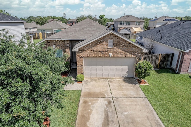 view of front of house featuring brick siding, a residential view, an attached garage, driveway, and roof with shingles