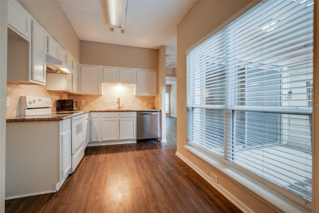 kitchen featuring white electric stove, stainless steel dishwasher, under cabinet range hood, and dark wood-type flooring