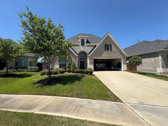 7010 Goldstrum Way, Katy, TX 77493 - french country home with driveway, brick siding, a front lawn, and a garage