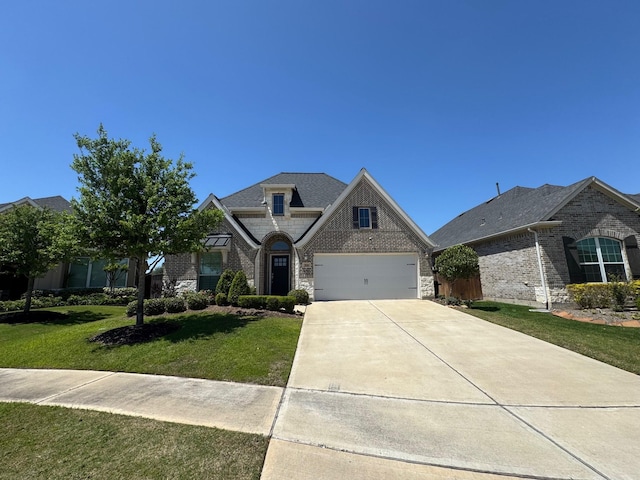 7010 Goldstrum Way, Katy, TX 77493 - french country inspired facade with a front lawn, concrete driveway, a garage, brick siding, and stone siding