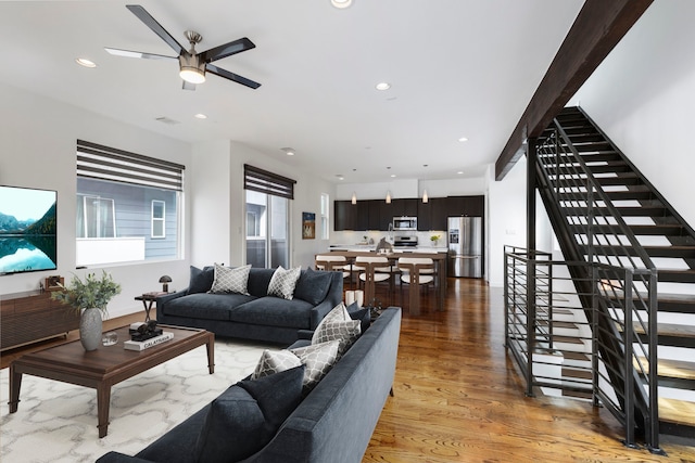 910 W 19th St Unit A, Houston, TX 77008 - living room with light wood-style flooring, ceiling fan, stairway, and recessed lighting