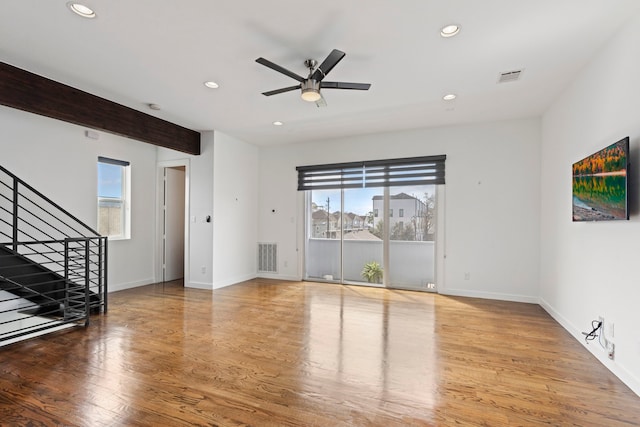 910 W 19th St Unit A, Houston, TX 77008 - unfurnished living room featuring recessed lighting, ceiling fan, stairway, and wood finished floors